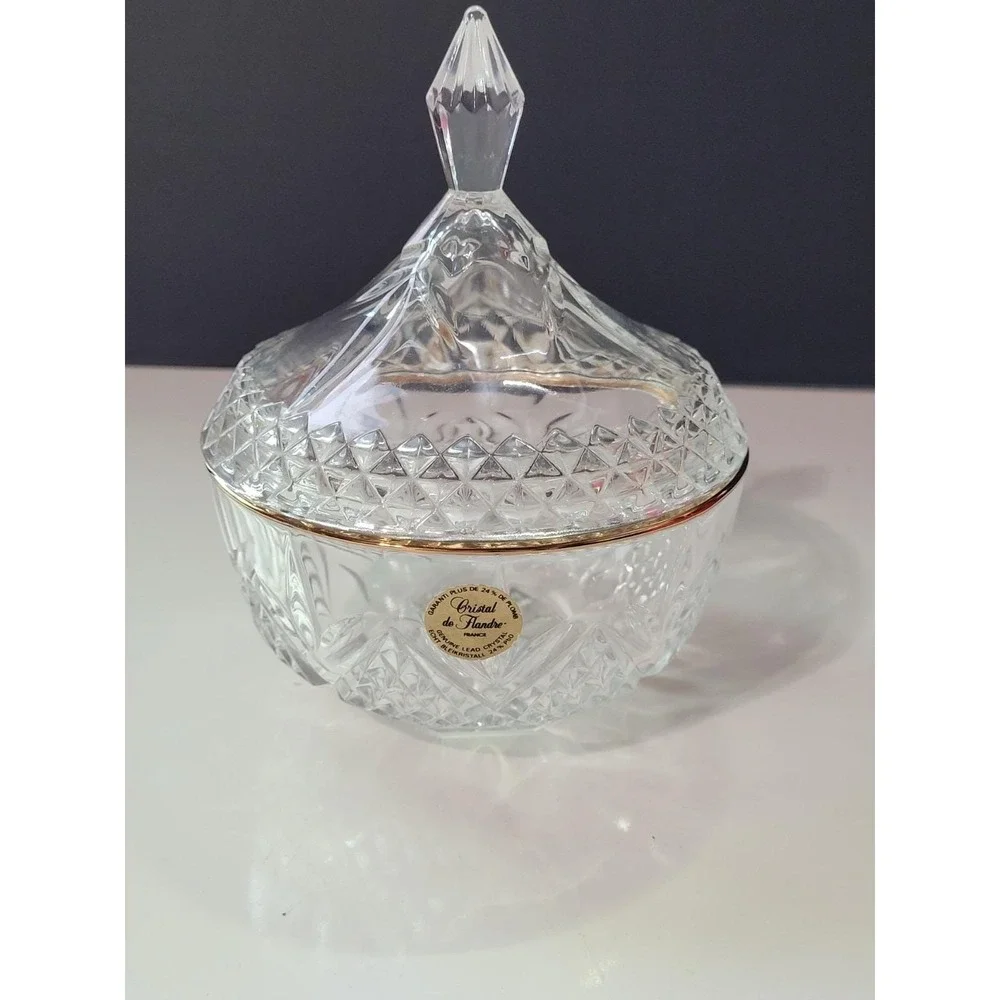 CRISTAL DE FLANDRE Liddedd Candy Dish 24% genuine lead crystal with gold trim